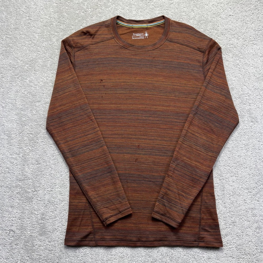 Smartwool Merino 250 Base Layer Shirt Mens Large Brown Striped Long Sleeve Top